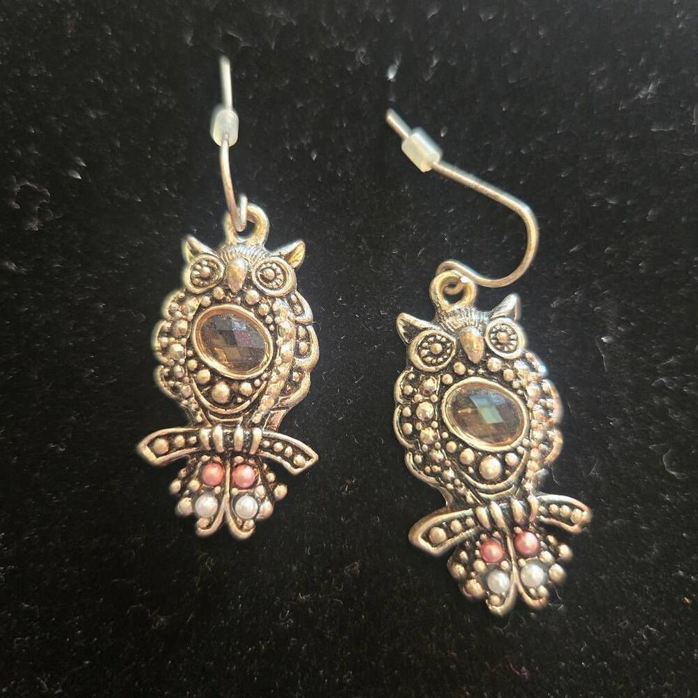 Owl Earrings Drop Silver Dangle Rhinestone Pearls - Picture 2 of 5